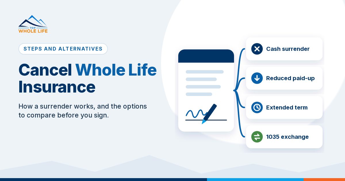 Policy form with a signature line and a pen, branching to four option cards labeled Cash surrender, Reduced paid-up, Extended term and 1035 exchange, on a light blue background
