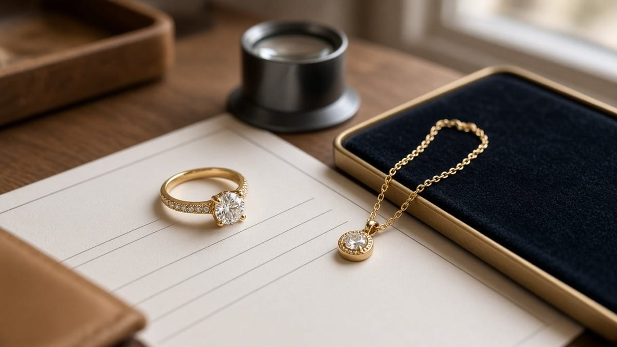 Diamond engagement ring and gold necklace on a jewelry appraisal sheet beside a jeweler's loupe.
