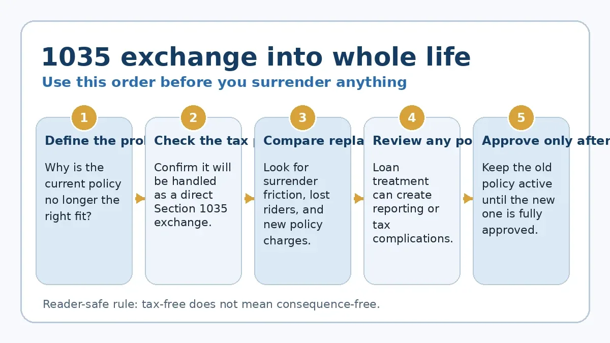 Diagram showing the decision order for a whole life 1035 exchange: policy fit, tax handling, replacement costs, loan review, and final approval