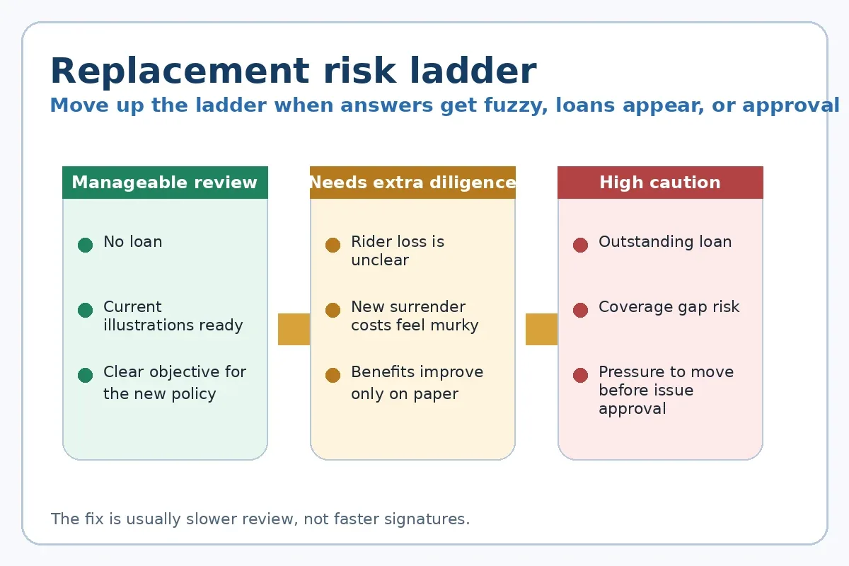 Three-stage risk ladder moving from minor replacement friction to serious policy-loan and approval issues