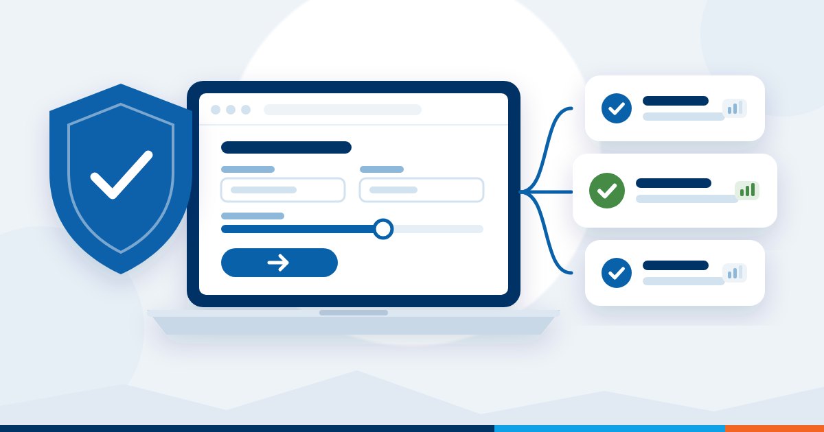 Illustration of a laptop showing a simple online quote form, with lines branching to three quote cards marked with check marks, one highlighted in green, beside a blue shield with a check mark