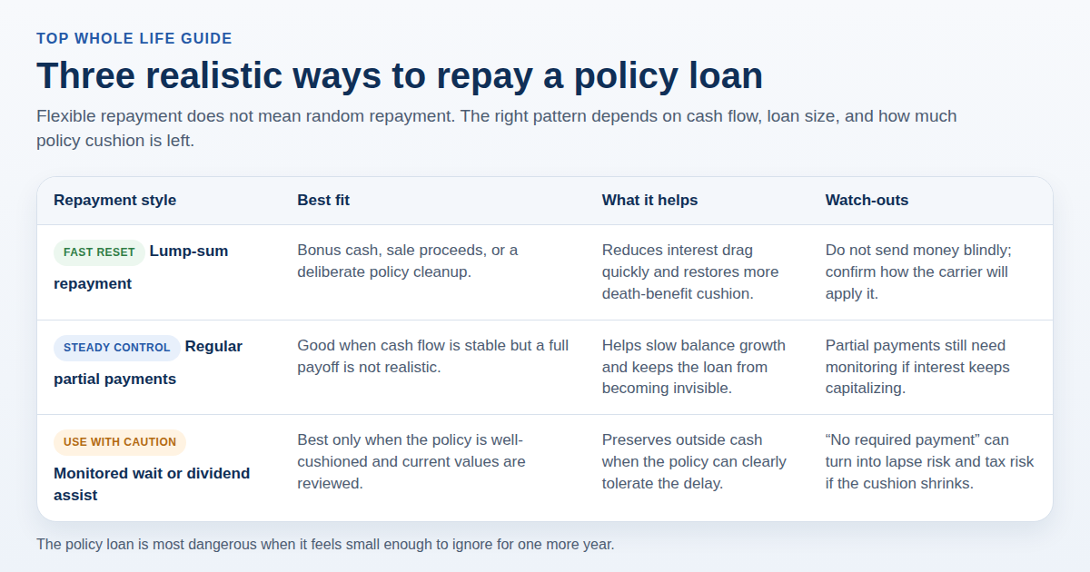 Table comparing three policy-loan repayment styles: lump sum, regular partial payments, and a monitored wait or dividend-assist approach