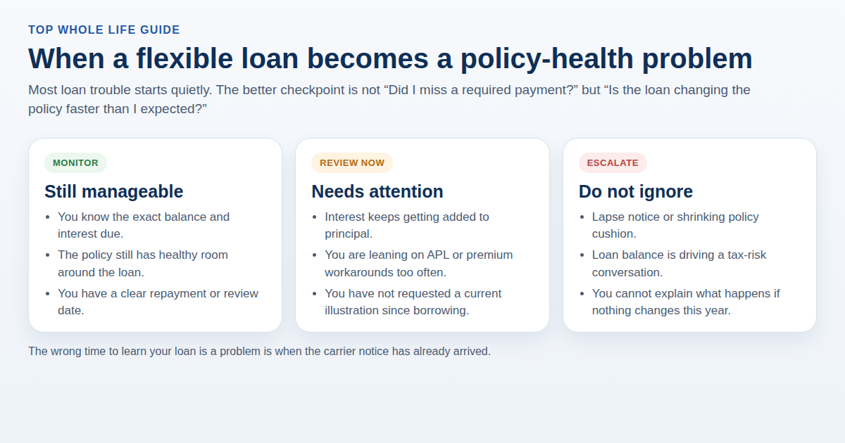 Three panels showing manageable policy-loan conditions, warning signs that need review, and urgent red flags tied to lapse or tax exposure