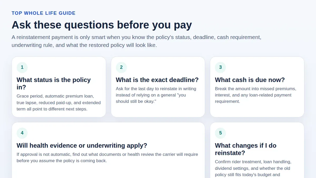 Checklist graphic showing the questions to ask before sending money for reinstatement: current status, deadline, cash due, underwriting, and what the restored policy will look like