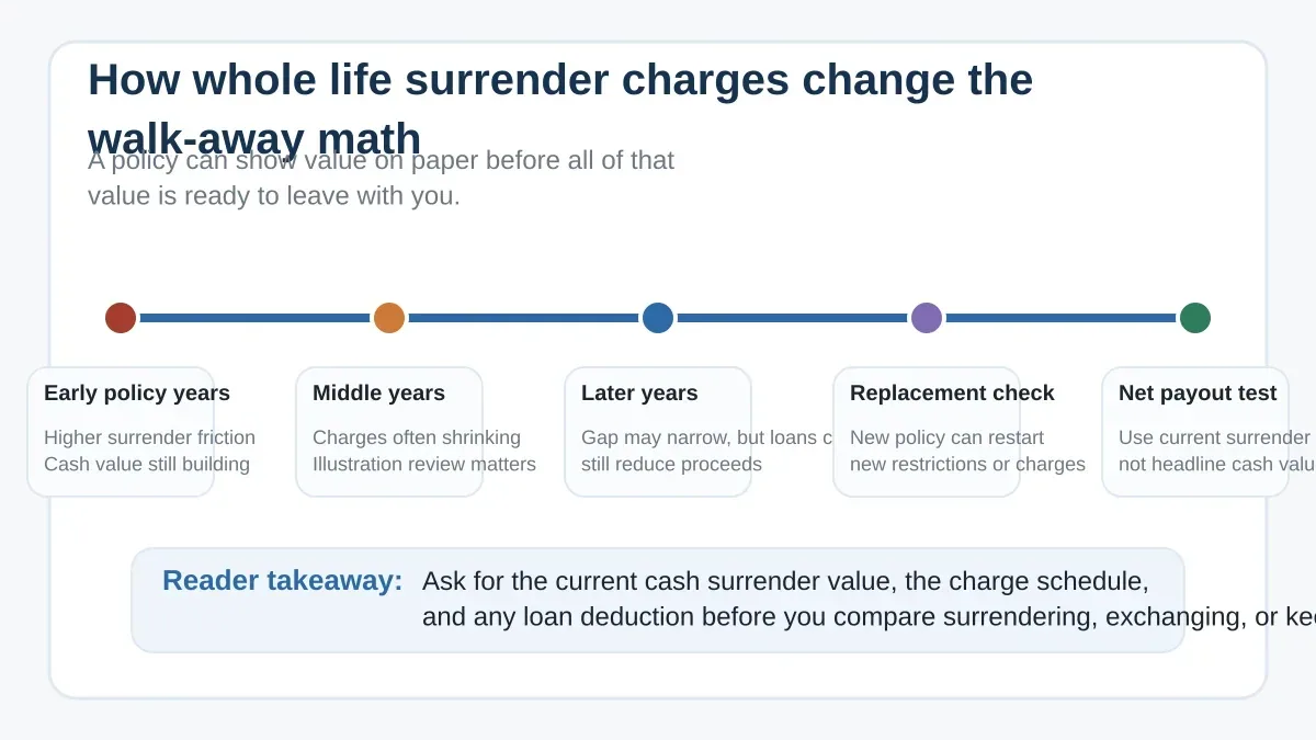 Timeline showing how whole life surrender charges, replacement resets, and loan deductions can change the final walk-away value